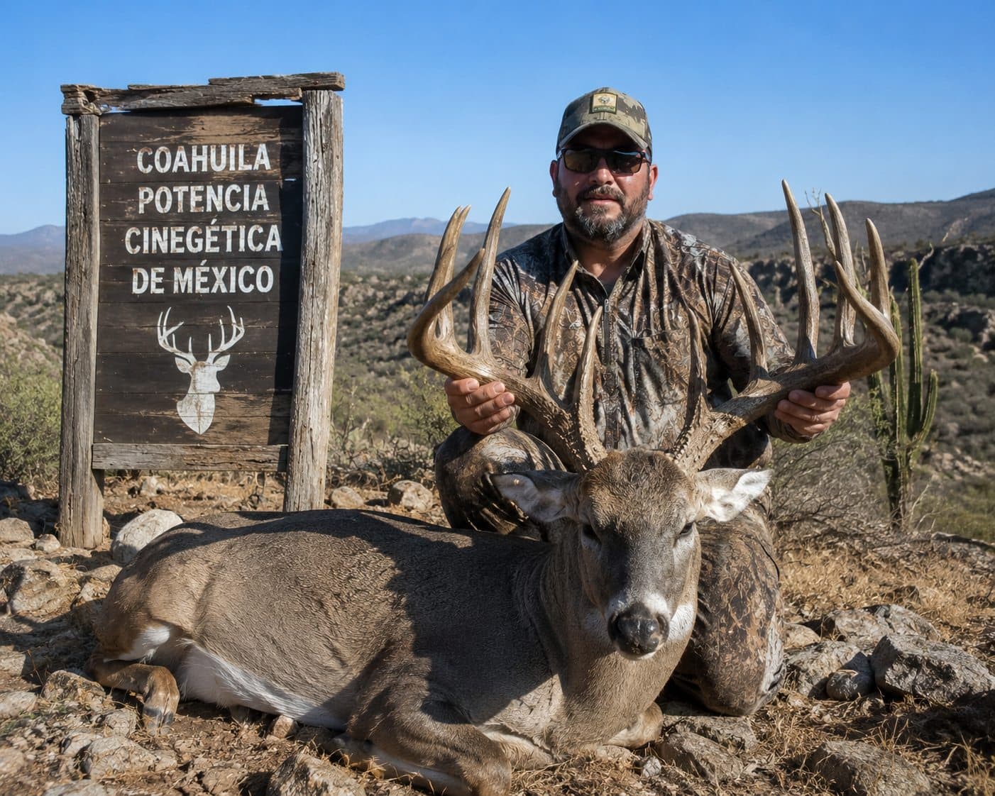 Hunter with white-tailed deer beside a sign referring to Coahuila's hunting strength