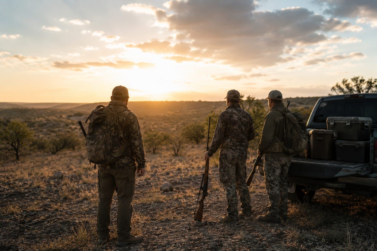 Group of hunters in the field at sunset during a hunting activity